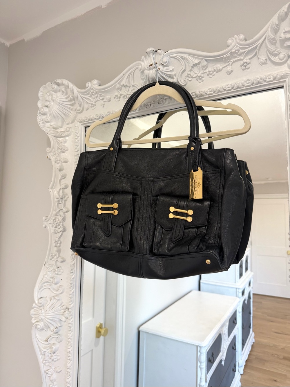 Ralph Lauren Black Pebbled Leather Gold Hardware Tote Satchel Handbag Bag